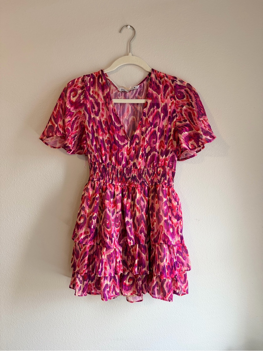 Zara Pink & Purple Printed Tiered Ruffle Mini Dress